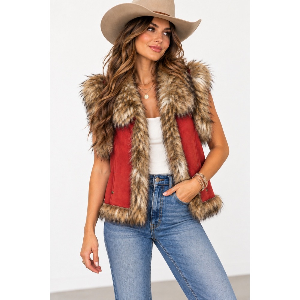 Tasha Polizzi Burnt Orange Red Faux Suede Luxe Vest Faux Fur Trim Western Small